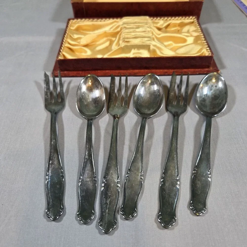 Vintage German Silverplate Dessert Set 3 Forks 3 Spoons w/ Satin Box Marked 90